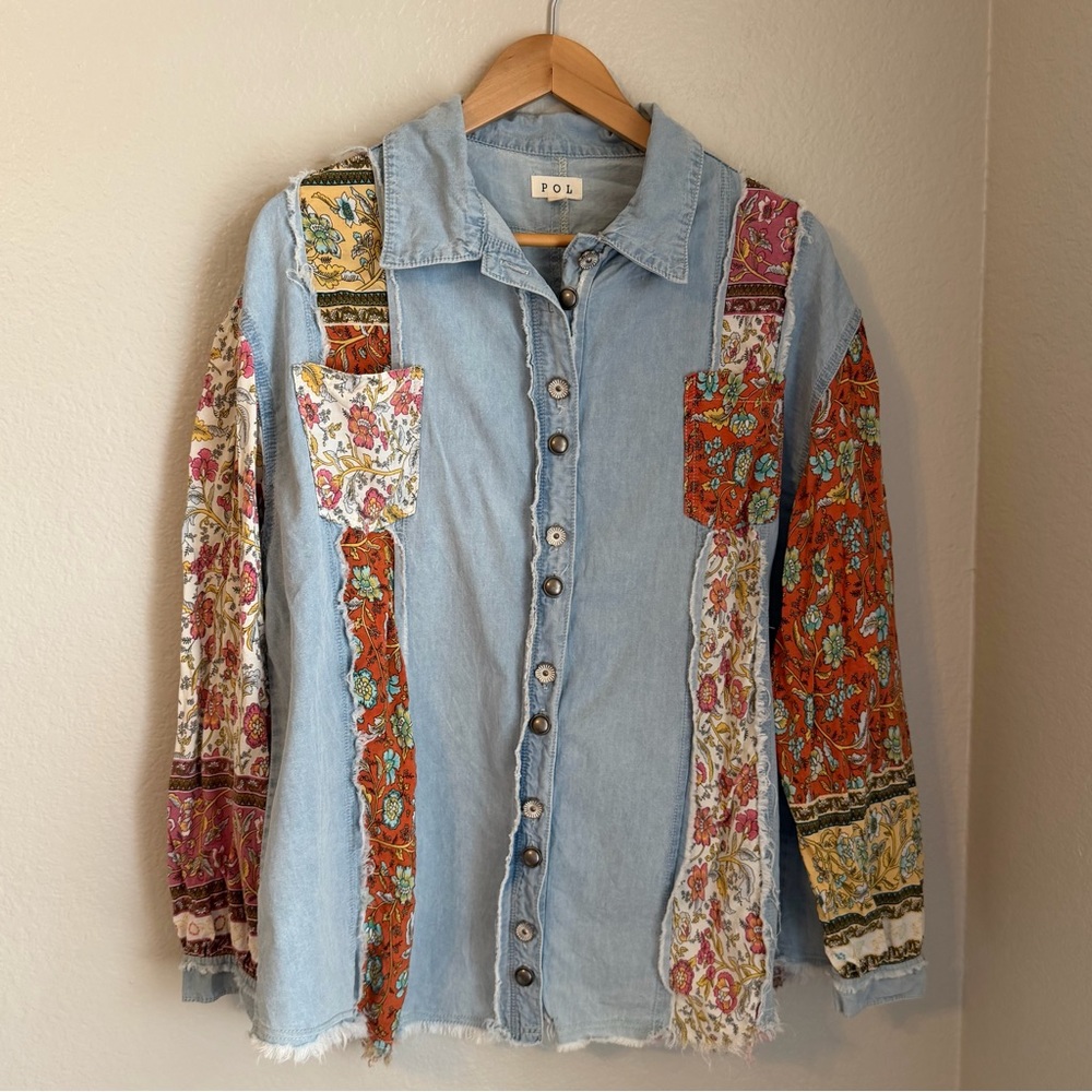 POL Light Wash Denim Patchwork Button Down Bohemian Shirt Top, Size Large - Picture 2 of 10